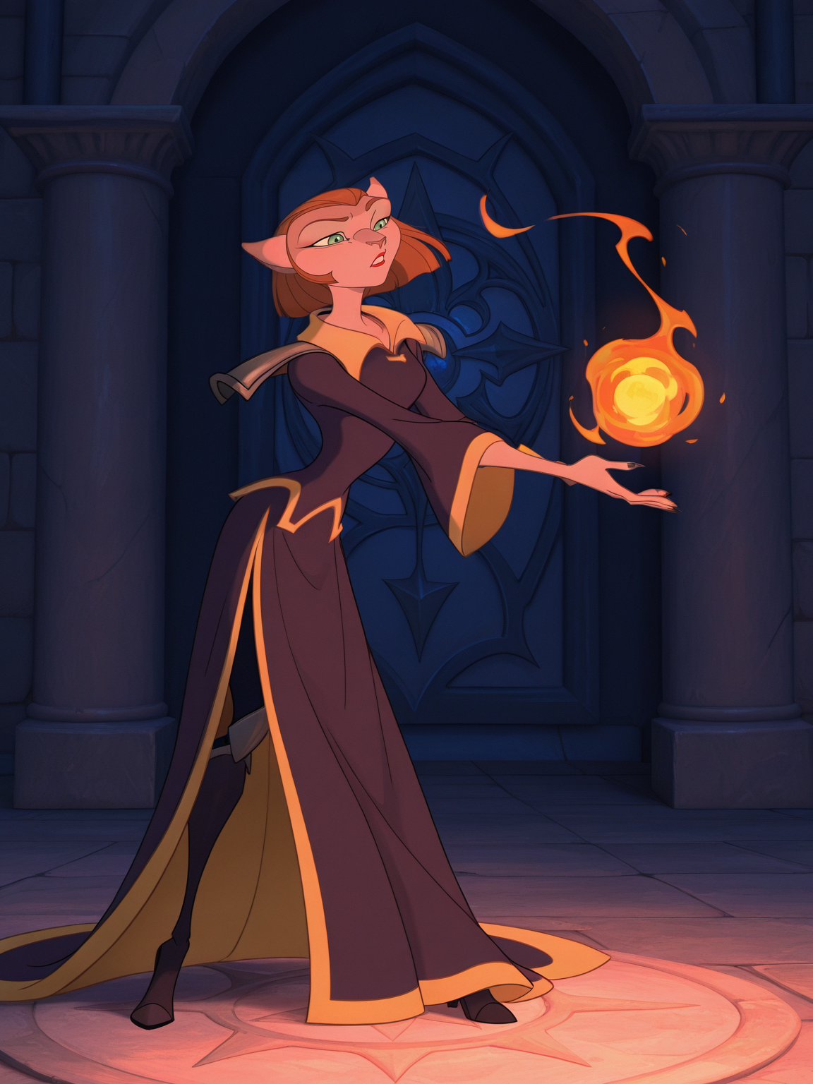 <lora:Captain_AmeliaIL:0.8> c_a, 1girl, cat, furry, ginger hair, green eyes, mint eyelids, freckle on upper right lip,
magic, magic robe, steel armor,glowing liens, fireball, action, full body, glowing background, magic background