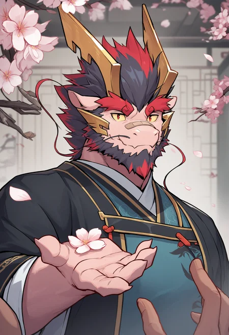 masterpiece, best quality, dragon boy, multicolored hair, yellow sclera, <lora:Tarjumdad-NOOB-0524-000200:1> Tarjumdad, male focus, furry, facial hair, furry male, dragon boy, 1boy, bara, huge eyebrows, solo focus, horns, red hair, dragon horns, beard, thick eyebrows, mature male, petals, falling petals, flower, upper body, chinese clothes, looking at viewer, 2boys, bandaid, smile, goatee, short hair, cherry blossoms, pov, thick beard, multiple boys