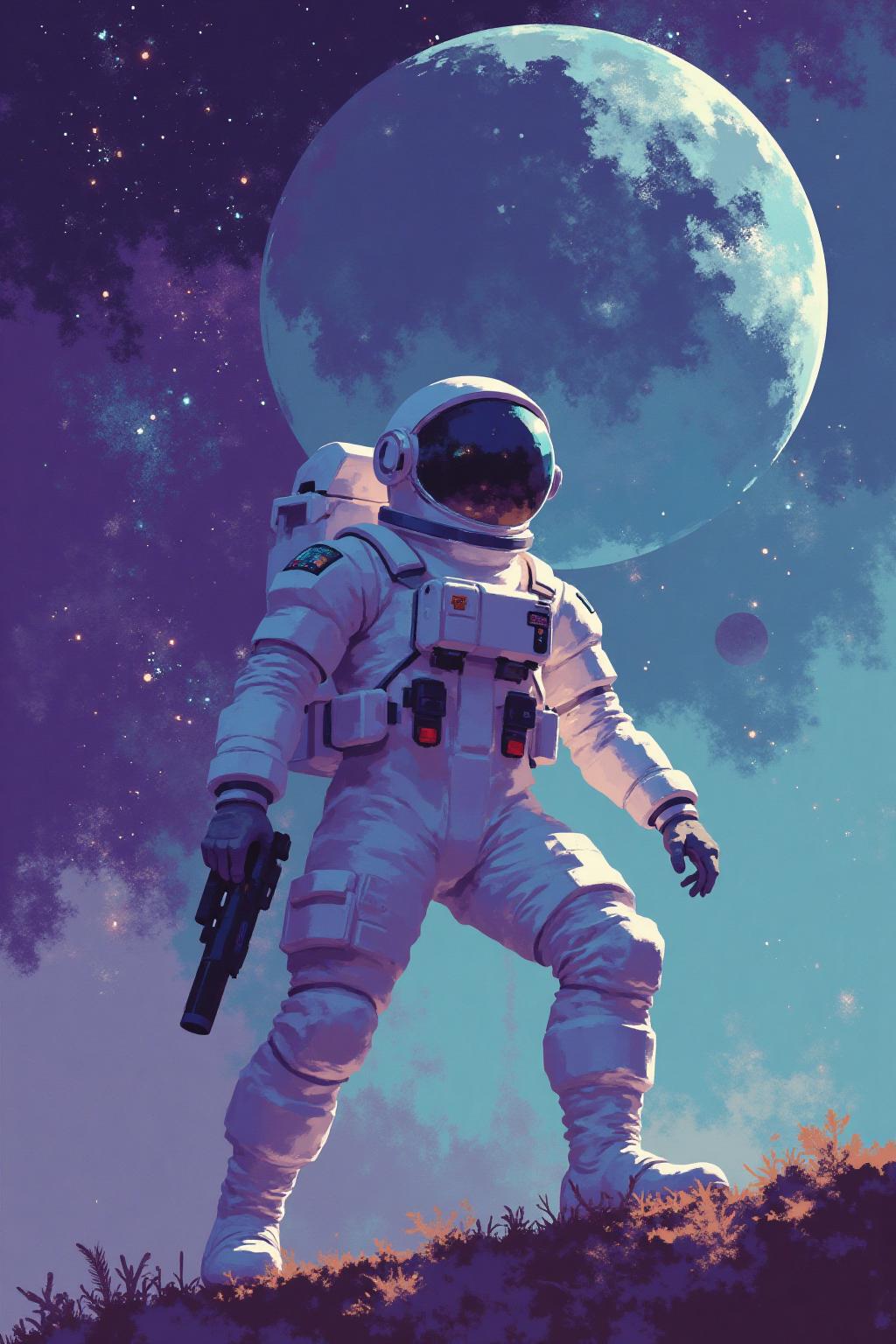 i11ustmin Closeup of a handsome Black African male astronaut wearing sleek modern spacesuit holding a retro laser pistol on (A massive, ancient spaceship floating derelict in deep space.), retro sci-fi style, dynamic lighting, digital art, cinematic shot, fantastically beautiful, illustration, aesthetically inspired by classic sci-fi movies, by Paul Lehr by Jon Whitcomb, samdoesart, dreamlikear <lora:minimalist_flat_illustration_nbm:1.0><lora:797681641691607984:0>
