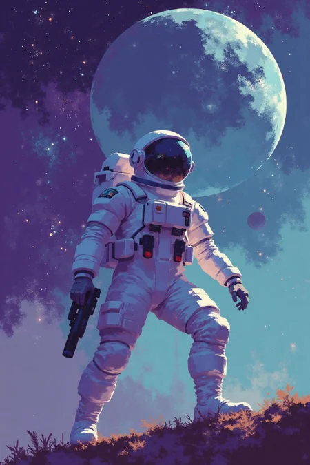 i11ustmin Closeup of a handsome Black African male astronaut wearing sleek modern spacesuit holding a retro laser pistol on (A massive, ancient spaceship floating derelict in deep space.), retro sci-fi style, dynamic lighting, digital art, cinematic shot, fantastically beautiful, illustration, aesthetically inspired by classic sci-fi movies, by Paul Lehr by Jon Whitcomb, samdoesart, dreamlikear <lora:minimalist_flat_illustration_nbm:1.0><lora:797681641691607984:0>
