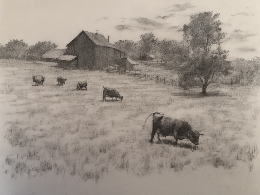 farm, sunset, cattle<lora:A_Graphite_Style:1.2> graphite_charcoal, (bold srokes:1.2), paper grain, traditional media, few details, outline sketch