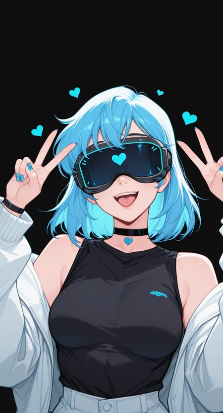 masterpiece, best quality, good quality, newest, highres, absurdres, 1girl, solo, breasts, smile, open mouth, short hair, simple background, shirt, long sleeves, bare shoulders, medium breasts, blue hair, jacket, upper body, heart, open clothes, sleeveless, choker, tongue, medium hair, off shoulder, nail polish, black shirt, hands up, sleeveless shirt, v, black choker, white jacket, black background, facing viewer, blue nails, double v, head-mounted display, p4rsley-f_illu,
melanch0ly, retro anime,
afkArenaStyle <lora:illustriousXL_stabilizer_v1.23:0.3> <lora:NOOB_vp1_detailer_by_volnovik_v1:0.3> <lora:ponyv6_noobE11_2_adamW-000017:0.3> <lora:tenebriflora-wai:0.5> <lora:afkArenaIllustrious:0.75> <lora:MelancholyAnime:0.4>