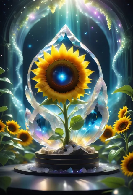 (((videogame_style))), lineart:1.2, (sharp focus:1.2), lineart, flat color, monochrome, greyscale, ((1 sunflower)), (moody lightning:1.2), soft grey light, depth of field, bokeh, 8k, OLED, beautiful yellow sunflower Illuminated by the ethereal glow of studio lightning, the light is reflecting shadows on multicoloured auraquartz made of jed-auraquartz, the light reflection sparcles around it, the harmonic play of light and shadow underlines the natural beauty of the yellow sunflower,, (the petals are velvety and silky curved:1.2), (high contrast to catch the play of light and shadows),, one yellow sunflower:(For the viewer, the flower appears alive, as if a glimpse of her inner sparkle is possible),,simple light grey background, by night, peacful and grateful atmosphere, painted hearts, magical atmosphere, (flying auraquartz inside a transparent crystal cube) on a dessert table in front of a bright window, the moonlight casts a beam of light onto the flower and seems to melt your ice cube in which the flower is located, water mist emanates from the cube, award winning art, deserted space, landscape, detail colour is yellow, magical atmosphere, fairytale like