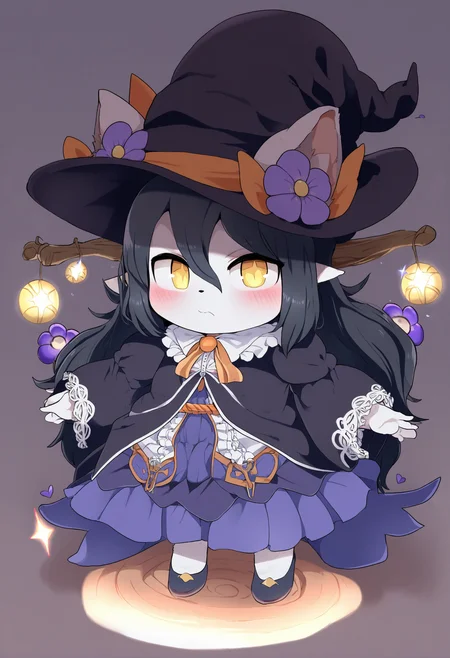 masterpiece, hyper detailed, best quality,(furry:1.3),1girl, solo, hat, witch hat, long hair, skirt, frills, shirt, yellow eyes, flower, full body, white shirt, purple flower, long sleeves, center frills, high heels, looking at viewer, animal ears, hair between eyes, pantyhose, standing, puffy sleeves, witch, black hair, bangs, closed mouth, wide sleeves, blue skirt, large hat, simple background, sparkle ,<lora:DAGASIXLlokr8f-000188:0.95>
