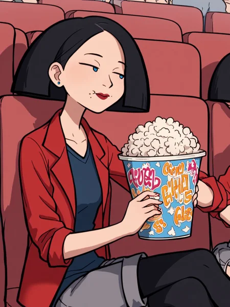 score_9,score_8_up,score_7_up,score_6_up, BREAK <lora:jan3TV_PDXL:1.2> jan3TV, black hair, hair bob, blue dot eyes, lipstick, silver ear rings, black vneck, red jacket, sleeves rolled up, grey shorts, black leggings, seated, movie theater, eating popcorn, nonchalant expression