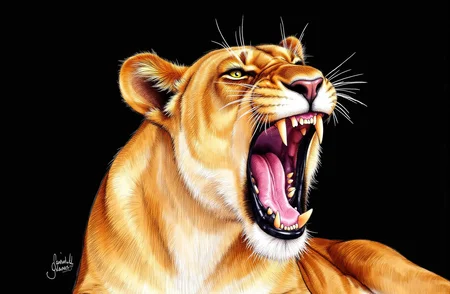 Sharp image of a rough sketch, rendered in vibrant multi colour ballpoint pen, capturing the adorable features of a close-up of a lioness's head and upper body. The lioness appears to be roaring, with her mouth wide open and her teeth bared. Her eyes are closed and her head is tilted upwards, as if she is in the middle of a fierce roar. The background is black, making the lioness the focal point of the image. Her fur is a golden-brown color, and her eyes are a piercing yellow. The image is done in a realistic style, with detailed shading and highlights to give it lifelike appearance.  p3nsk, <lora:p3nsk:1>