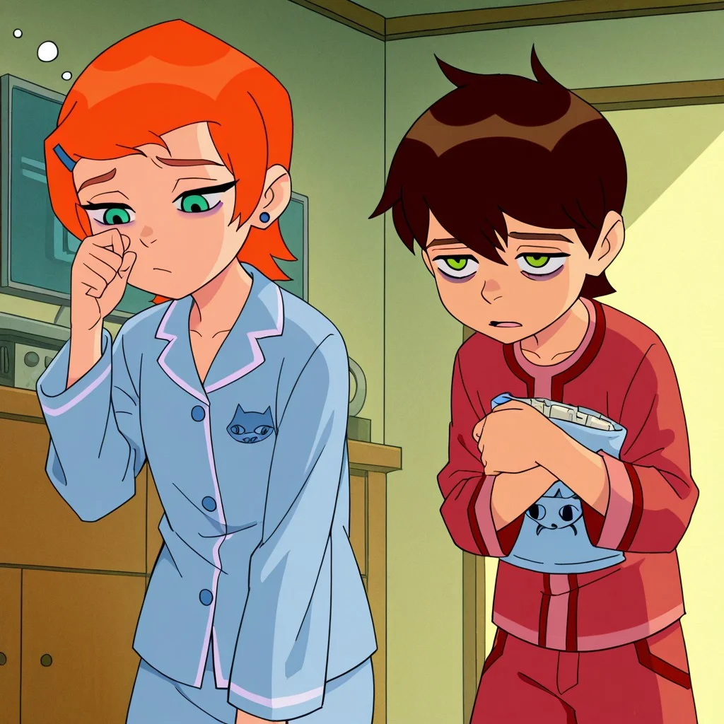 masterpiece, best quality, ben_w_gwen, (1boy, ben_t, brown hair, green eyes ), break, (1girl, gwen_t, orange hair,green eyes),both wearing ,blue print pajamas,sleepy, bags under eyes,red pyjamas,tired