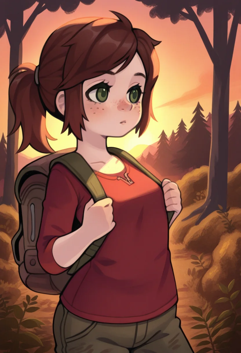 misostyle, masterpiece, best quality, solo, ellie\(the last of us\), green eyes, ponytail, freckles, wooded area, trees, backpack,, red shirt, sunset, warm colors,