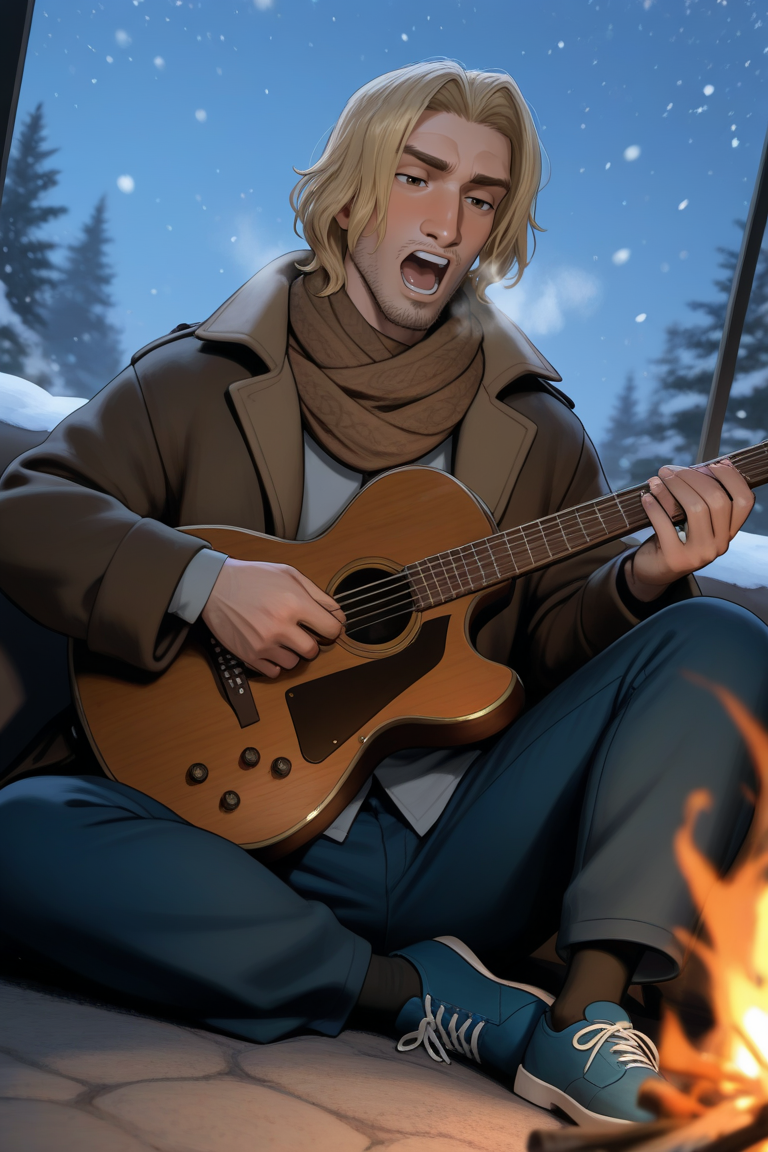expressive manly face, shadow, dynamic angle, intricately detailed, depth of field, masterpiece, best quality, amazing quality, very aesthetic, absurdres, newest, very awa, 1boy, make focus, solo,coralben,blonde hair,medium hair,brown eyes,facial hair,stubble, brown coat with patterns, shirt, brown scarf, blue pants, blue footwear, simple background, sitting, holding guitar, singing, nighttime, snowing, bonfire