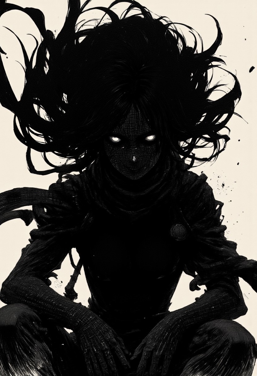nistyle, monochrome Manga Sketch, extreme head Closeup, a dark ethereal womans black billowing hair, hair floating upward, Killing Gaze smile, eerie, Shrouded in darkness, shaded eyes, Low angle View, hyperdetailed manga sketch style, with bleaked  color Highlights, grey, and white color grading. Greyscale, intricate Face lines, black skin, m100-style