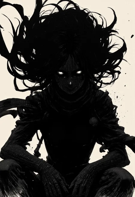 nistyle, monochrome Manga Sketch, extreme head Closeup, a dark ethereal womans black billowing hair, hair floating upward, Killing Gaze smile, eerie, Shrouded in darkness, shaded eyes, Low angle View, hyperdetailed manga sketch style, with bleaked color Highlights, grey, and white color grading. Greyscale, intricate Face lines, black skin, m100-style