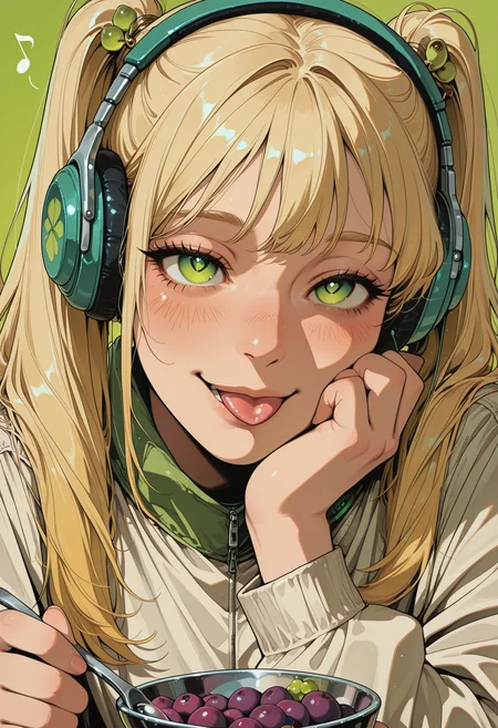embedding:IllusP0s, codex sss chroma
 1girl, solo, close-up, blush, smile, tongue_out, blonde_hair, twintails, long_sleeves, green_eyes, gradient_eyes, eye_reflection, eyelashes, big_eyes, hair_ornament, cat_ear_headphones, jacket, open_jacket, grapes, spoon, holding_spoon, musical_note, eighth_note, spoken_musical_note, green_background