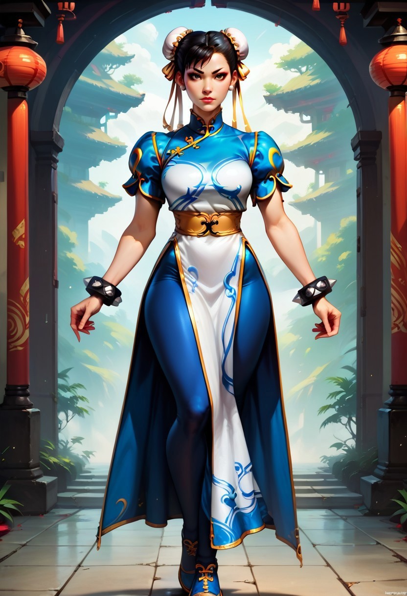 score_9, score_8_up, score_7_up, score_6_up, score_9, score_8_up, score_8, (best quality:1.1), perfect eyes,(masterpiece:1.2), (realistic:1.2), (detailed:1.1), (highres, best quality:1.2), solo, 1girl, chun-li (\street fighter)\, black hair, brown eyes, makeup, eyelashes, short hair, hair bun, double bun, ribbons, hair ribbons, golden ribbons, sf6_costume, Chinese dress, dress, white dress with gold decorations, short sleeves, blue short sleeves, pelvic curtain, leggings, Blue pants, Blue tights, shoes, blue shoes, Chinese shoes,