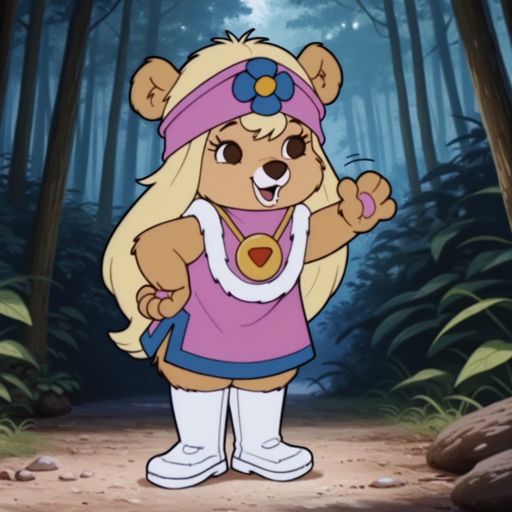 masterpiece, best quality, amazing quality, PrncssPawPawil, semi-anthro, female, bear_girl, tan fur, black eyes, blonde hair, long hair, pink headband, gold amulet, pink poncho white fur trim, pink dress blue trim, white boots,forest solo, standing, hand on hip, waving, <lora:d69ba964-78c3-4dcd-8f20-f1e21d020157:1.0>