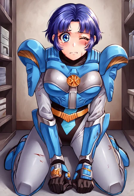 score_9, score_8_up, score_7_up, source_anime, zPDXL, zPDXLpg, <lora:offset_0.2:0.1>, <lora:spo_sdxl_10ep_4k-data_lora_webui:1>,
1girl, solo,
sazerpisces, silver bodysuit, black leotard, belt, armor, black gloves, gauntlets,  <lora:Sazer_Pisces_v2:1>,
srw_kusuha, blue hair, parted bangs, short hair, blue eyes, 
kneeling, one eye closed, hurt, injury, scared, holding arm, inside, warehouse