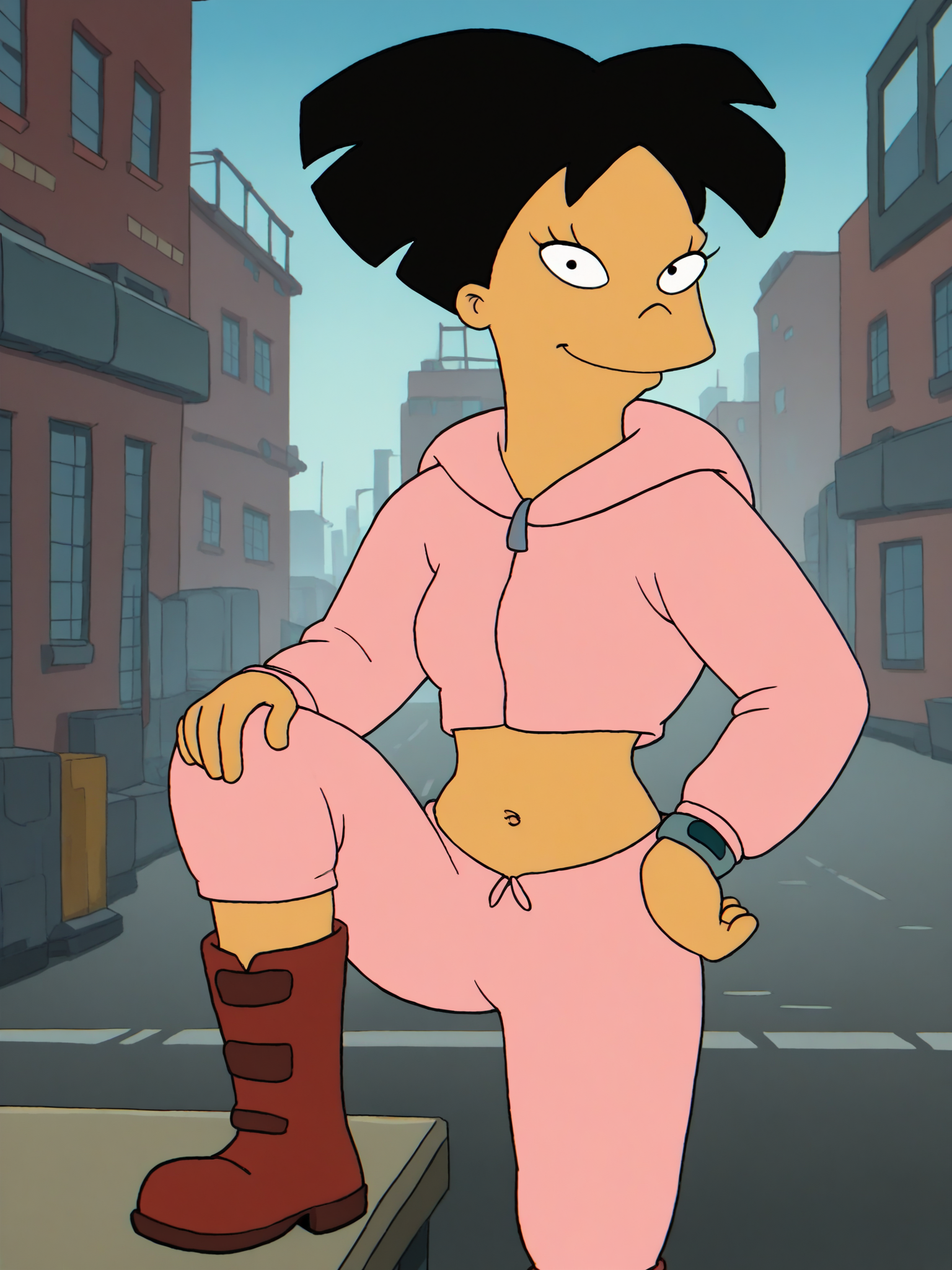<lora:AmyWongPony1.2:1> amywong, black hair, solo, 1girl, black eyes, pink hoodie, navel, short hair, red boots, pink pants,looking at viewer,leg up,hand on own hip,  standing, cowboy shot,  smile, city,science fiction,  score_9, score_8_up, score_7_up, score_6_up, score_5_up, score_4_up