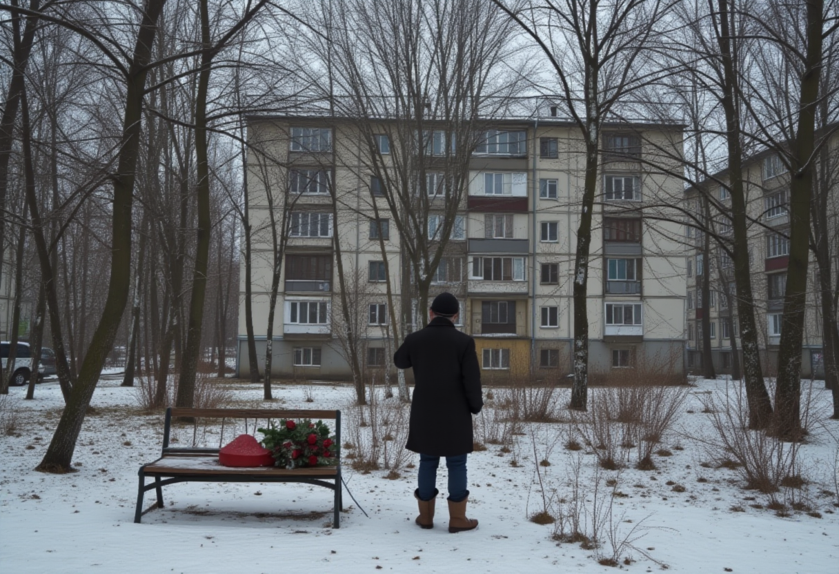 cinematic photo hyperrealistic art post-soviet, panel building, panelki, winter, A man stands in the park with his back to a bench with a bouquet of roses and a heart-shaped box of chocolates lying on it and lights a cigarette  . extremely high-resolution details, photographic, realism pushed to extreme, fine texture, incredibly lifelike . 35mm photograph, film, bokeh, professional, 4k, highly detailed