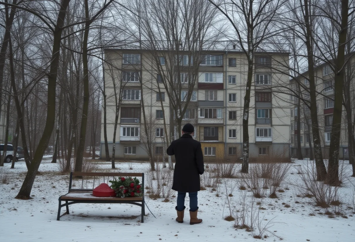 cinematic photo hyperrealistic art post-soviet, panel building, panelki, winter, A man stands in the park with his back to a bench with a bouquet of roses and a heart-shaped box of chocolates lying on it and lights a cigarette . extremely high-resolution details, photographic, realism pushed to extreme, fine texture, incredibly lifelike . 35mm photograph, film, bokeh, professional, 4k, highly detailed