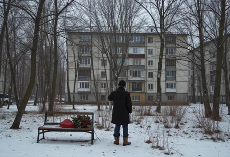 cinematic photo hyperrealistic art post-soviet, panel building, panelki, winter, A man stands in the park with his back to a bench with a bouquet of roses and a heart-shaped box of chocolates lying on it and lights a cigarette . extremely high-resolution details, photographic, realism pushed to extreme, fine texture, incredibly lifelike . 35mm photograph, film, bokeh, professional, 4k, highly detailed