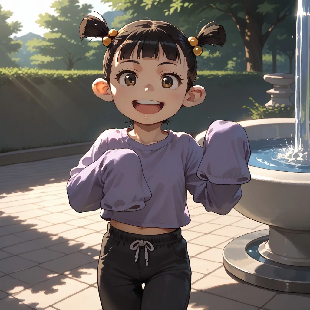 score_9, score_8, score_7, break, solo, female child, mushi_s, twintails, hair bobbles, black hair, sleeves past fingers, black pants, open smile, natural lighting, sunlight, shadows, fountain