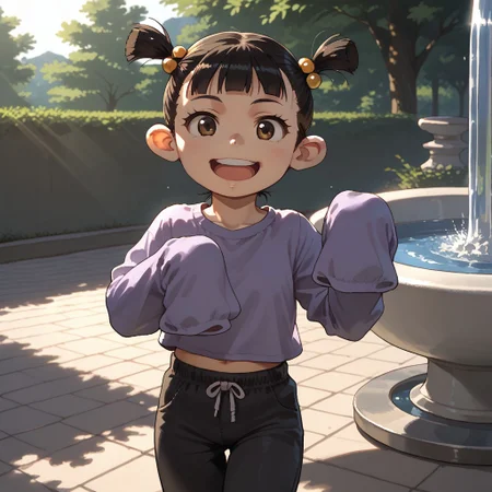 score_9, score_8, score_7, break, solo, female child, mushi_s, twintails, hair bobbles, black hair, sleeves past fingers, black pants, open smile, natural lighting, sunlight, shadows, fountain