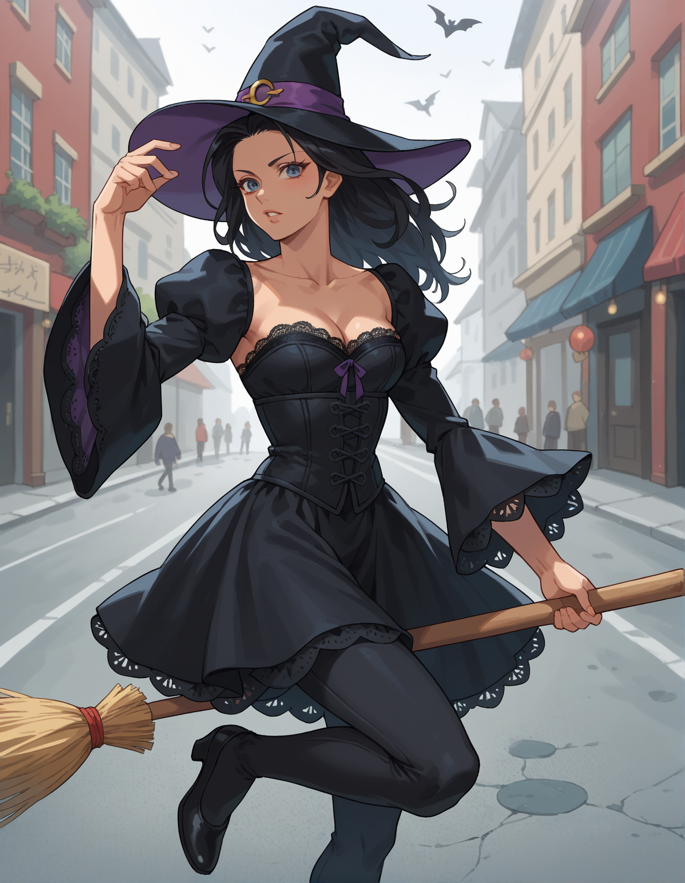 Street Fighter style score_9, score_8_up, score_7_up, score_6_up, score_5_up, score_4_up, hud_br00m, 1girl, solo, broom, Deep crimson full gown with black lace overlay, corset top, flowing sleeves, photo by Annie Leibovitz, broom riding, long black hair, witch hat, <lora:hud_br00m_XLP:0.8>, flying