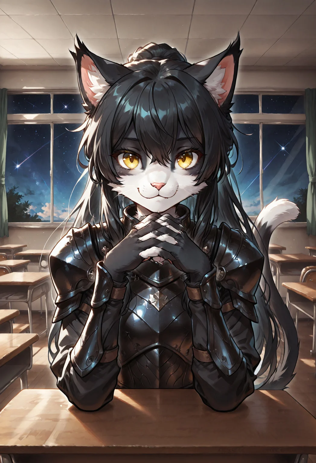 score_9, score_8_up, score_7_up, screencap, (solo), sfw BREAK 1girl, Ember (ESO), anthro, feline, black and white fur, cat tail, black hair, slim, (black armor:1.2), yellow eyes, ((eyes half closed)), :3 BREAK extremely detailed, detailed background, high detail, cinematic soft lighting, tranquil setting, sharp focus, indoors, window, looking at viewer, classroom, desk, star (sky), school, school desk, interlocked fingers