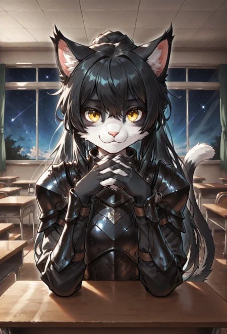 score_9, score_8_up, score_7_up, screencap, (solo), sfw BREAK 1girl, Ember (ESO), anthro, feline, black and white fur, cat tail, black hair, slim, (black armor:1.2), yellow eyes, ((eyes half closed)), :3 BREAK extremely detailed, detailed background, high detail, cinematic soft lighting, tranquil setting, sharp focus, indoors, window, looking at viewer, classroom, desk, star (sky), school, school desk, interlocked fingers