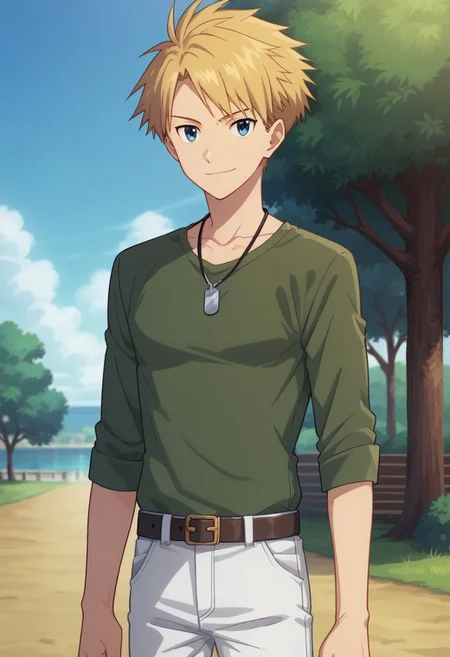 score_9, score_8_up, score_7_up, source_anime, highly detailed,
yamakizu, 1boy, male focus, solo, blonde hair, pants, blue eyes, green shirt, belt, shirt, white pants,
dog tags, standing, looking at viewer, jewelry, smile, upper body
outdoor, sky, tree