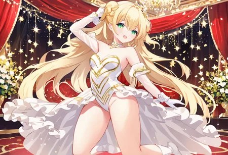 Best quality, masterpiece, exquisite ballet hall, one dancer girl with round pert breasts, dynamic movement, dancing, adorable golden blond long loose fluffy ruffled hair, adorable smooth happy face, bright green eyes, white leotard with long sleeves and gloves, bare shoulders and legs, slim waist, thick clavicle, thick pelvis, thick hips, thick thighs