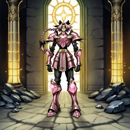 score_9, score_8_up, score_7_up, score_6_up, score_5_up, score_4_up, rating_safe,hellsing_ultimate_style,asmaria,ncrender,cnvsls ,vivid lighting,hdr,shaded face,lips,epic,1boy,solo,astolfo \(fate\), pink armor,golden sashes,pink hair,hair ribbons,full body,smirk,armor,chestplate,menacing,indoors,castle,stone wall,pillars,dynamic pose,glowing gems, <lora:fellatrix_style:0.6>, <lora:hellsing_ultimate_style:0.5>, <lora:officialpit_v2-8:0.6>, <lora:PonyCentury:0.6>, <lora:AsmariaPony:0.6>, <lora:CanvasSolaris_V2.6_r1:0.4>