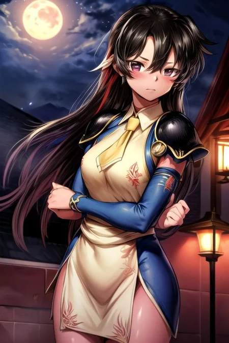 best quality 1girl Setsun4 solo long hair, (night time) forest background black hair very long hair purple eyes multicolored hair armor, small, (fur trim) (medium body),<lora:EMS-179-EMS:0.800000>,<lora:EMS-293862-EMS:0.800000> bow, hair_bow, hair_tubes, red_bow, brown_hair, long_hair, bangs, ascot, frilled_bow, yellow_ascot, blush, smile, hair_between_eyes, athletic, armor, miko, ,(((intricate outfit,intricate clothes,embroidered outfit,ornate outfit,embroidered clothes,ornate clothes))), strengthmda, crossed arms,