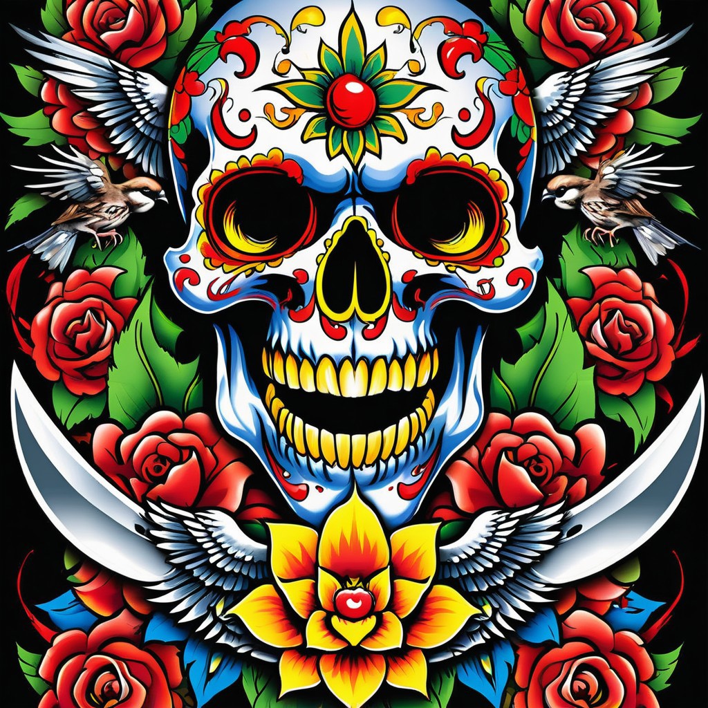 ED Hardy tattoo artwork ,Ed hardy  look alike art,  mean, vicious  ((sparrows,  knives,  skulls, ))) illistrations, complete bold art work and characters, solid lines,  easily distinguishable , distinguishable easily witnessed and convincing artwork masterwork, cartoon, illistrations, fangs, big scary teeth 
masterpiece, excellent work,  full pages , hard core  , digital art, very very  recognizable