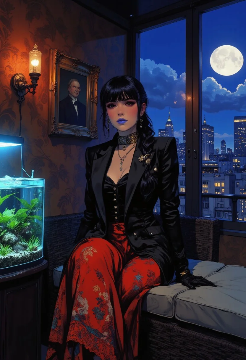 A highly detailed, stylized digital illustration of a sophisticated Caucasian woman in her mid-20s with black hair styled in a Boho Braid Ponytail and bold blue lips. She wears a sleek black blazer over a fitted black shirt with shimmering rhinestone buttons, paired with a flowing red tiered skirt featuring intricate cultural patterns. Seated gracefully on a Laszlo All-Weather Rattan Outdoor Swivel Lounge Chair with a light grey cushion, she exudes quiet confidence. In the foreground, a lush aquascaping display inside a glass aquarium glows under cool fluorescent light, casting a soft ambiance. The background features a richly wallpapered wall, a classic portrait beneath a vintage wall light, and a long glass window framing a breathtaking nighttime cityscape. The luminous moon and drifting clouds reflect against the glass, enhancing the tranquil yet dynamic atmosphere. A perfect blend of modern luxury and artistic depth. 8K, HD, HIGH RESOLUTION, MASTERPIECE, AWARD WINNING.