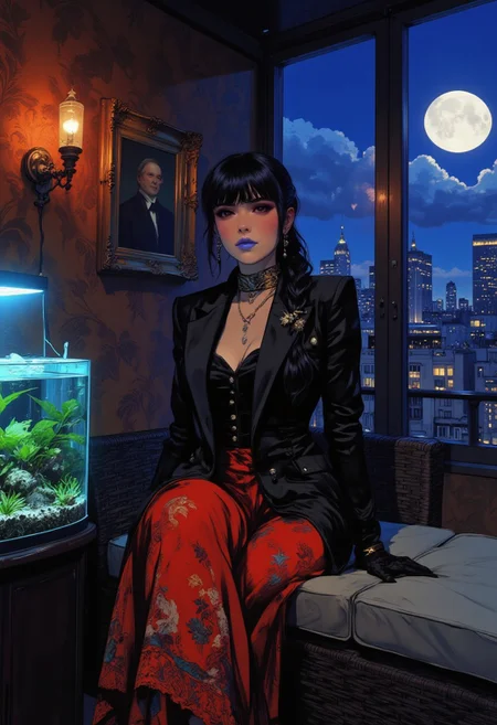 A highly detailed, stylized digital illustration of a sophisticated Caucasian woman in her mid-20s with black hair styled in a Boho Braid Ponytail and bold blue lips. She wears a sleek black blazer over a fitted black shirt with shimmering rhinestone buttons, paired with a flowing red tiered skirt featuring intricate cultural patterns. Seated gracefully on a Laszlo All-Weather Rattan Outdoor Swivel Lounge Chair with a light grey cushion, she exudes quiet confidence. In the foreground, a lush aquascaping display inside a glass aquarium glows under cool fluorescent light, casting a soft ambiance. The background features a richly wallpapered wall, a classic portrait beneath a vintage wall light, and a long glass window framing a breathtaking nighttime cityscape. The luminous moon and drifting clouds reflect against the glass, enhancing the tranquil yet dynamic atmosphere. A perfect blend of modern luxury and artistic depth. 8K, HD, HIGH RESOLUTION, MASTERPIECE, AWARD WINNING.