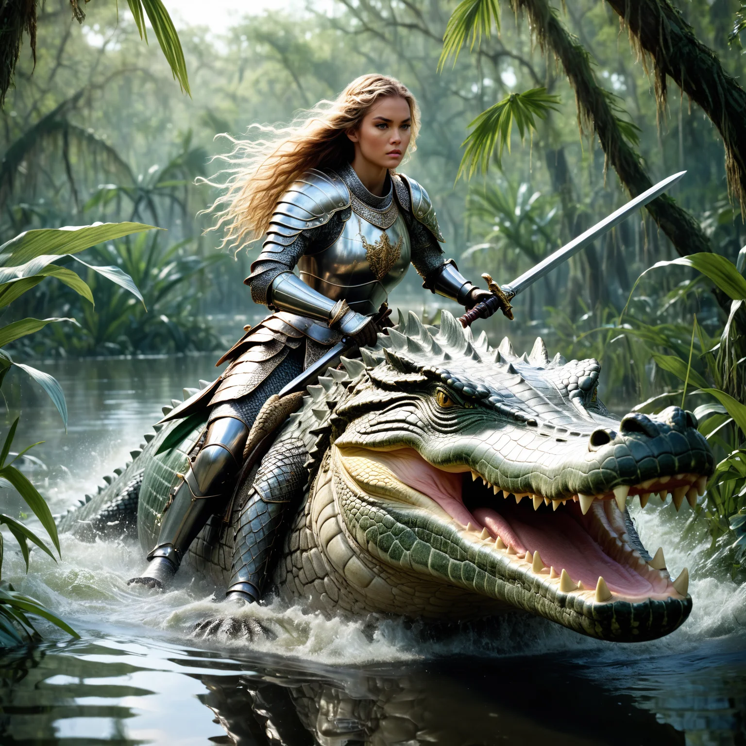 Photorealistic, fierce female knight with flowing hair in ornate riding a powerful crocodile through a dense swamp, intense and focused expression, realistic water reflections, lake, and detailed scales on the crocodile, dynamic and lifelike setting with swamp vegetation, high detail and complexity, dramatic and lifelike scene