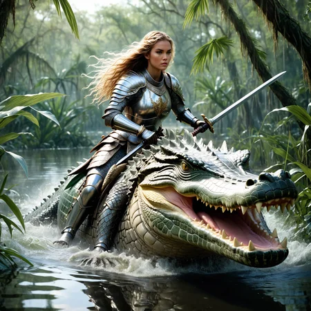 Photorealistic, fierce female knight with flowing hair in ornate riding a powerful crocodile through a dense swamp, intense and focused expression, realistic water reflections, lake, and detailed scales on the crocodile, dynamic and lifelike setting with swamp vegetation, high detail and complexity, dramatic and lifelike scene