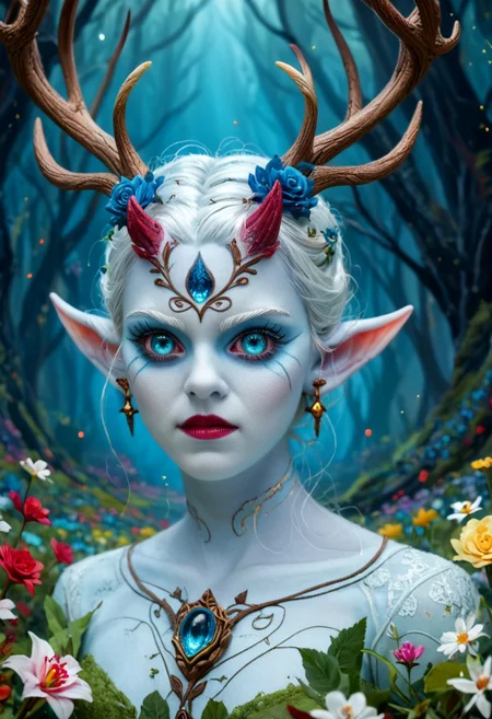 score_9, score_8_up, professional photography of a fantastical Bell, blue eyes, horns, pointy ears, antlers, colored skin, white skin with whimsical elements, flowers and swirling magic, eerie fairytale landscape, elaborate fantasy style art, very colorful, intricate details, ultra sharp, exquisite detail, flawless composition, vivid colors, masterpiece, exciting background