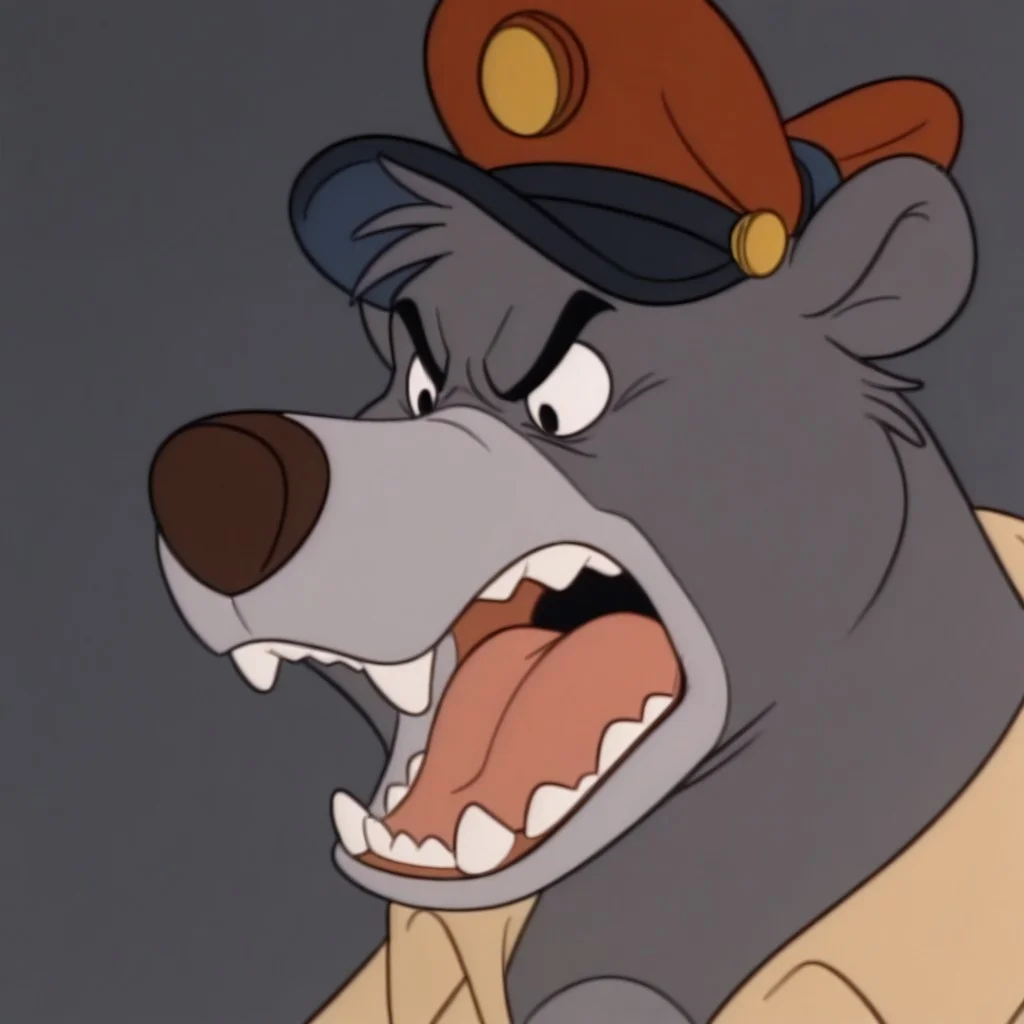 masterpiece, best quality, amazing quality, baloots, male, furry male, anthro, solo, sloth bear, grey fur, two tone fur, grey muzzle, brown nose, black eyes, claws, brown shirt, red pilot cap, angry, snarling, teeth, close up, portrait, grey background