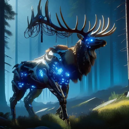 Full metal robot, non- humanoid robt, scifi, (Ultra Realistic:1.0),32k,(Masterpiece:1.0),(High Detailed Skin:1.0),( High Quality:1.0), (Detailed Realistic Background:1.3), (Official Art, Beautiful and Aesthetic:1.2), (Realistic Lighting:1.0), glowing, day, science fiction, nature, grass, deer, scenery, mountain, non-humanoid robot, forest, "Majestic, machine-like elk in sunlit forest. Metallic plating, sleek mechanical musculature, antlers with glowing blue energy. Horizon Zero Dawn-inspired inspection. Smaller, agile machine animal scans elk. Glowing sensors, precise movements. Analyzing joints, exposed wiring, hydraulics. Soft mechanical clicks, scanning blue lights. Cinematic lighting, sunbeams through trees. Calm yet epic atmosphere, blending nature and technology. Elk still, responding subtly to inspection. Futuristic, detailed design, evokes Horizon Zero Dawn style."