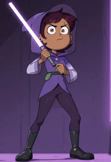 masterpiece, best quality, amazing quality, luz_noceda_oh, regularluz, <lora:JediRobes:1> j3d1, 1girl, solo, purple robes, purple outfit, leather knee boots, belt, thick belt, purple lightsaber, stance, holding lightsaber, looking at viewer, portrait, full body