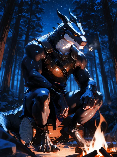 furry male, male focus, bara, mature male,
solo, kemono, (dragon), anthro, male, (black body), scales, tail, muscles, handsome, armor, medieval, fantasy, outdoors, outside, dark, night, forest, campfire, camp, stars, sitting, toe claws, epic, depth of field, perfect lighting, light particles,
BREAK dino \(dinoartforame\), yao liao wang, rido \(ridograph\),
BREAK very awa, masterpiece, best quality, amazing quality, very aesthetic, newest