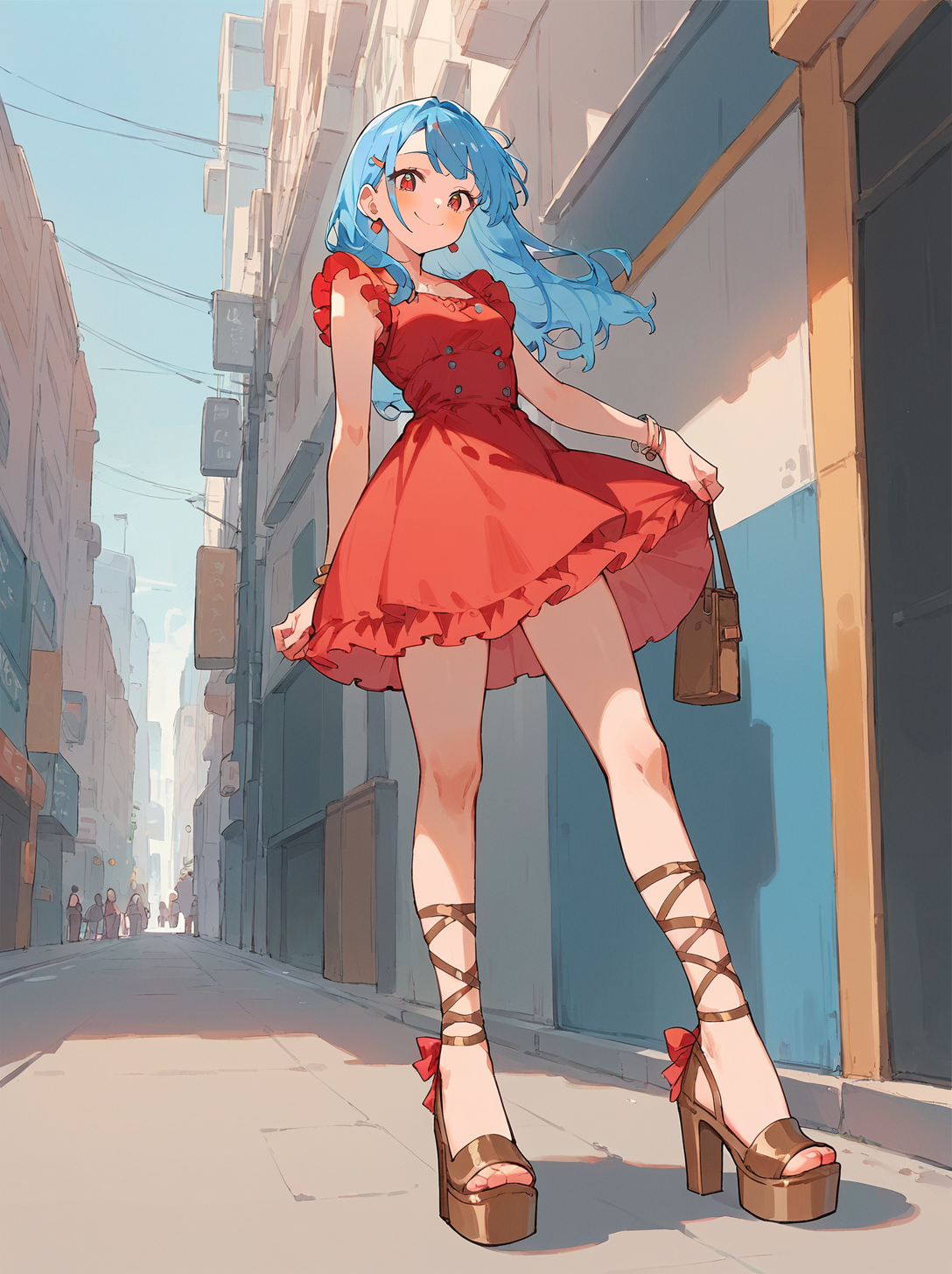 score_8_up, score_7_up, score_6_up, source_anime, 1girl, solo, outdoors, street, from below, shoe focus
smile, blue hair
red dress, frilly dress
brown strappy heels <lora:Shoes_01:1>