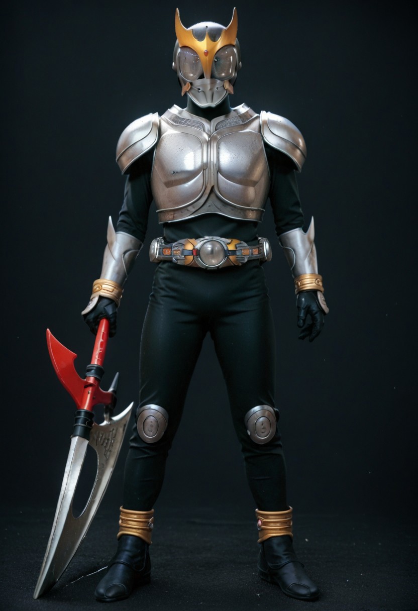 score_9, score_8, score_7, full body, solo, Silver armor, black bodysuit, Silver eyes, scythe, holding scythe, helmet, tokusatsu, belt