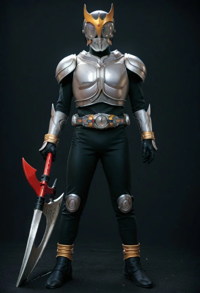 score_9, score_8, score_7, full body, solo, Silver armor, black bodysuit, Silver eyes, scythe, holding scythe, helmet, tokusatsu, belt