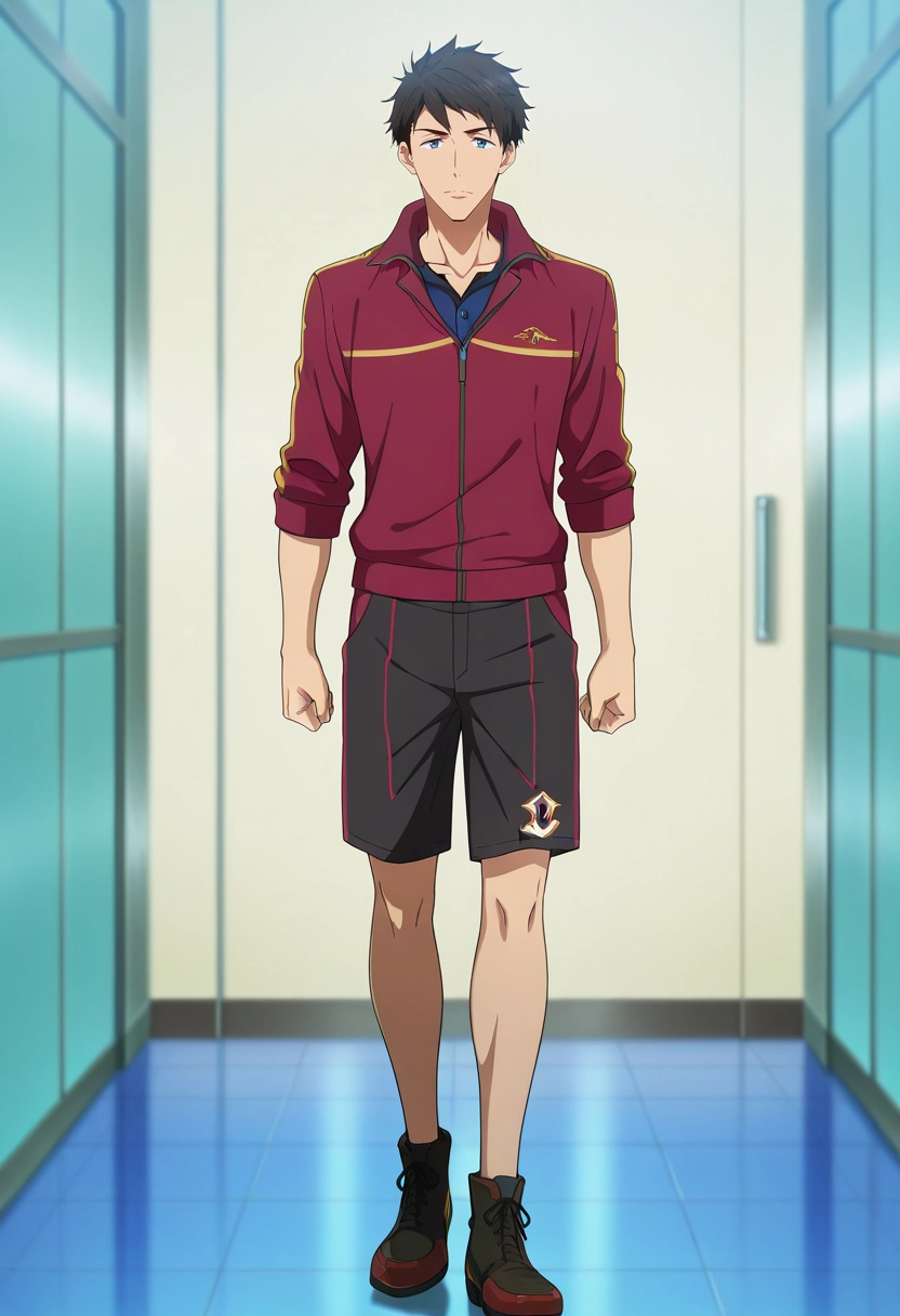 masterpiece, best quality, , anime screencap, anime coloring, official style, looking at viewer, 1boy, solo, male focus, <lora:sousuke_yamazaki_ilxl:0.9>, sousuke_yamazaki, black hair, blue eyes, short hair, , Tailored shorts, Polo jacket, Wingtip shoes, Tam o' Shanter,