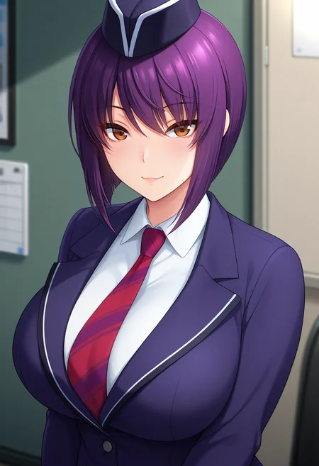 masterpiece, best quality, amazing quality, 1girl, solo, (portrait:1.2), mihoww, mature female, brown eyes, purple hair, short hair, large breasts, uniform, purple garrison cap, purple jacket, collared shirt, long sleeves, red diagonal-striped necktie, looking at viewer, smile, indoors, skindentation, detailed clothing folds, depth of field, sharp, high contrast, dynamic light <lora:Amai_Miho_Chikankyou3_ill:0.9>