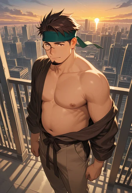 1boy, mbti_isfp, mature man, muscle body, (chubby:0.8), short hair, brown eyes, goatee, headband, monocle, standing on balcony, looking at view, city skyline, sunset, wind, charismatic, confident, cool, aesthetic, epic view, highres, masterpiece, best quality, golden hour, wide shot, partially undressed, sensual, exposed chest