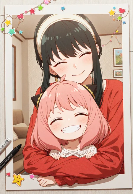 <lora:dmd2_sdxl_4step:1>, (anya x yor),
1girl, yor briar, casual, hug from behind, smile, short hair, 
1girl, anya \(spy x family\), casual, smile, upper body, living room, 
(polaroid:1.2), border, (heart, star, decorations, sticker, marker-doodled:1.2), colorful, 
general, masterpiece, best quality, very aesthetic, absurdres,
