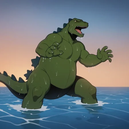 score_9, score_8_up, score_7_up, score_6_up, score_5_up, score_4_up, source_furry, godzilla78, feral, male, godzilla, green skin, wading, in ocean, wet, roaring,